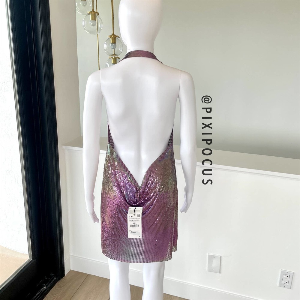 ZARA SPARKLY DUO CHROME METALLIC CHAIN MAIL HALTER MINI DRESS - Picture 13 of 14